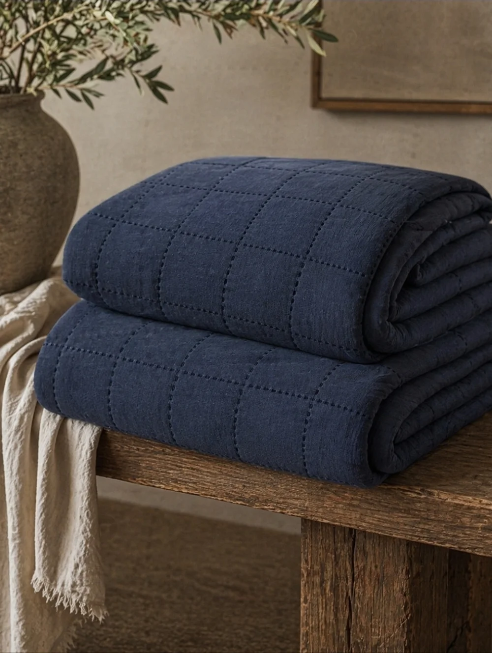 Textured Cotton Grid Stitch Quilt Navy Full/Queen | Studio McGee Designer Look